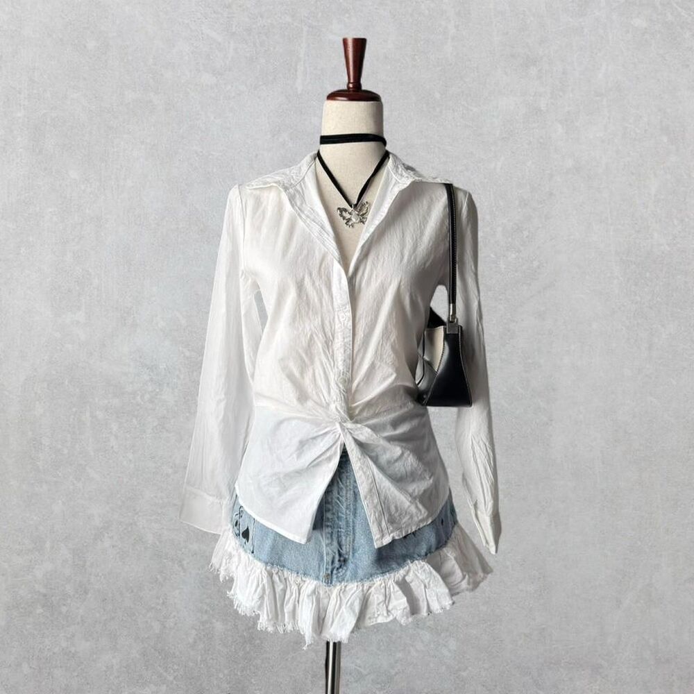 Stateside 100% Cotton White Long Sleeve Button Up Twist Front Top Sz XS
